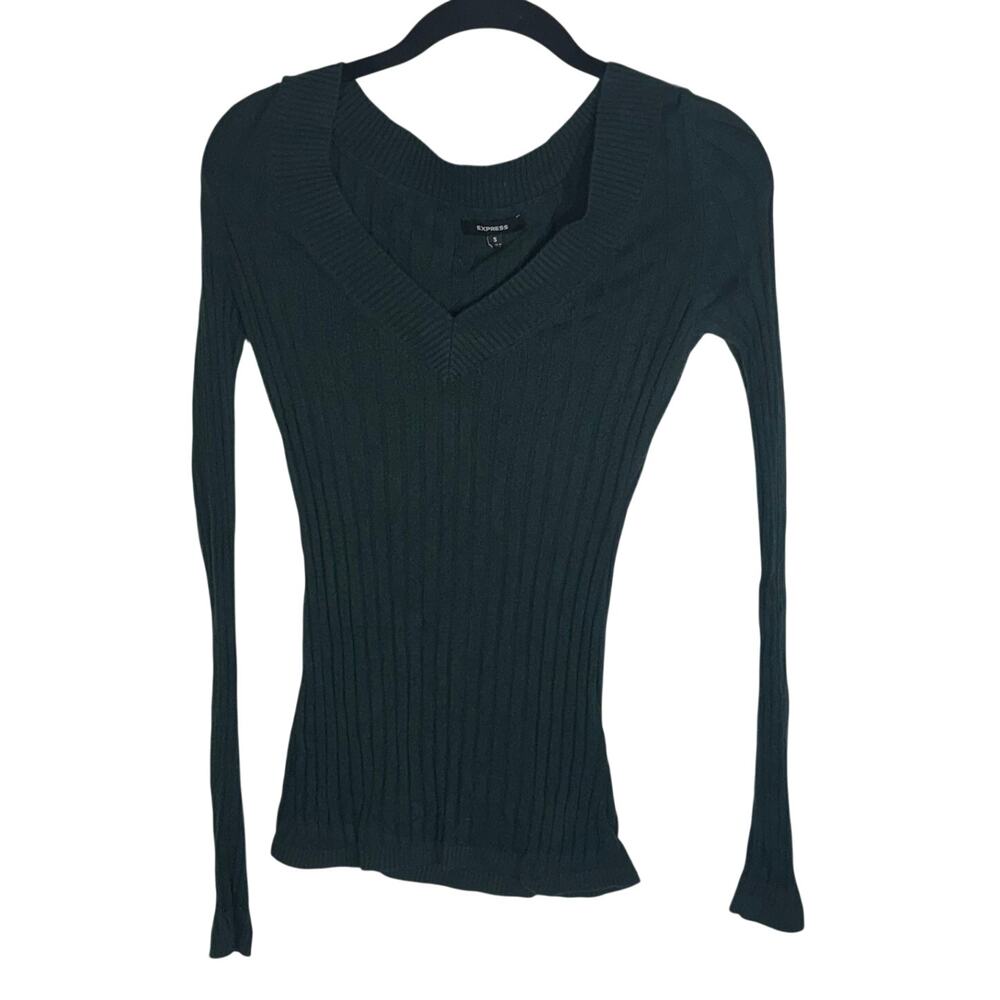 Express Ribbed Knit V Neck Sweater Top Green Long Sleeve Stretch Size Small